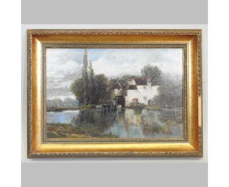 R S Fisher, 19th century, landscape with an overshot mill, signed oil on canvas, 29 x 44cm