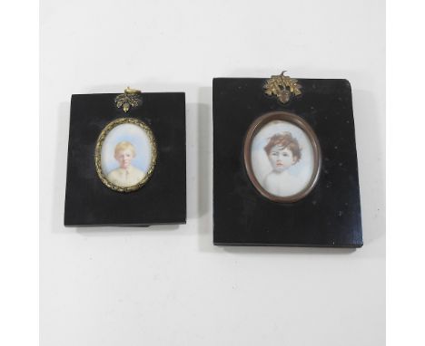 English school, early 20th century, a miniature portrait of a young boy, oil on ivory, 3 x 3cm, together with another, an ear