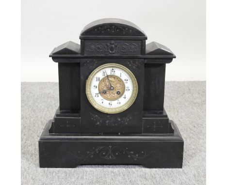 A Victorian black slate mantel clock, 39cm high