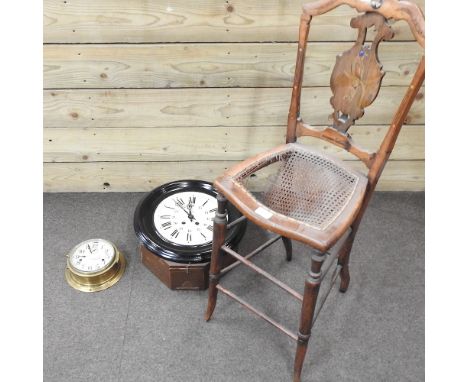 A brass cased ship's clock, by Seth Thomas, together with a 19th century dial clock, an Edwardian music chair and an alabaste
