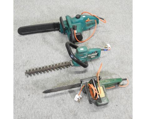 A Bosch PKE 30 electric chainsaw, together with another and a hedge trimmer