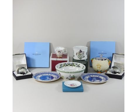A Caithness commemorative paperweight, boxed, together with another, a Clarice Cliff jar and cover and other china
