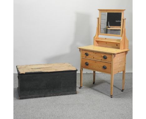 An antique pine dressing chest, 76cm, together with a painted trunk