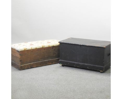 A painted pine trunk, 90cm, together with another with an upholstered lid (2)