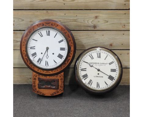 A 19th century mahogany and inlaid drop dial wall clock, together with a dial clock, signed Camerer Cuss &amp; Co., 36cm diam