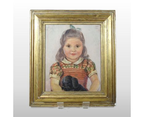 English School, 20th century, portrait of a girl and her dog, signed with initials SDC and dated 1951, 26 x 22cm 