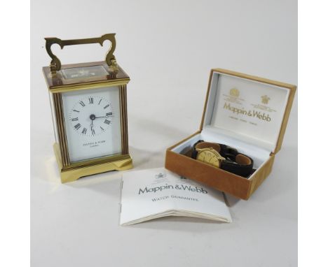 A Mappin and Webb carriage clock, 11cm high, together with a Mappin and Webb wristwatch, cased