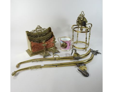 A collection of metalwares, to include brass candlesticks, ceiling light, letter rack and horse hames and a Victorian Staffor