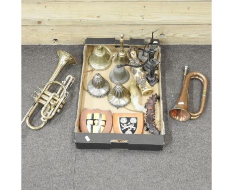 A small collection of metal wares, to include a trumpet and a bugle