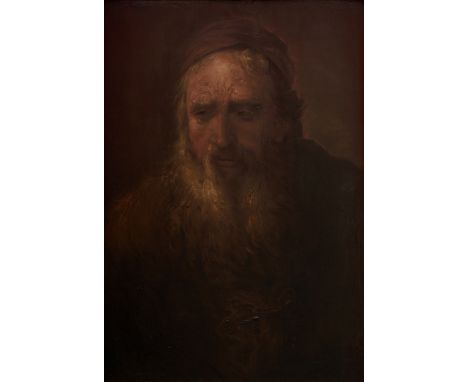 Maler des 19. Jh. Portrait eines alten bärtigen Mannes im Stil von Rembrandt. Öl/Holz. 65 x 45 cm