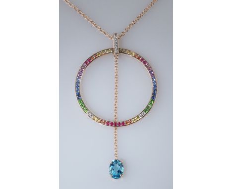 Reizendes Collier. Kreisrunder Ring mit bunten Steinen ausgefaßt: Turmaline, Saphire, Amethyste und Brillanten. Pendeloque mi