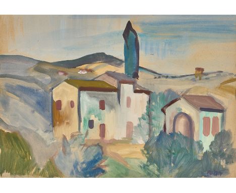Hans Kuhn. 1905 Baden-Baden - 1991 oder 92. Studierte in München und Berlin. Sign. Südl. Landschaft mit Häusern und Zypresse.