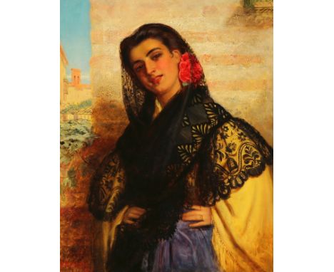 John Burgess. 1830 Chelsea - 1897 London. Sign. und 1879 dat. Portrait einer reizenden Spanierin. Öl/Holz. 30 x 25 cm. R