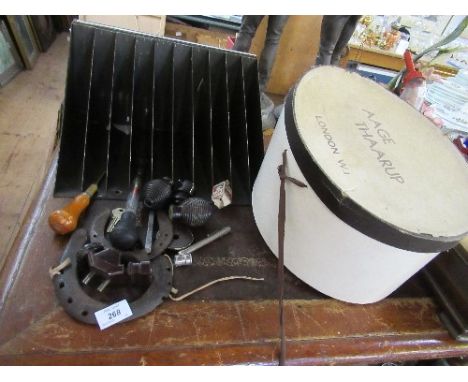 HAT BOX, HORSE SHOES, DOOR KNOBS, PLUGS, FILING SHELF, ETC.