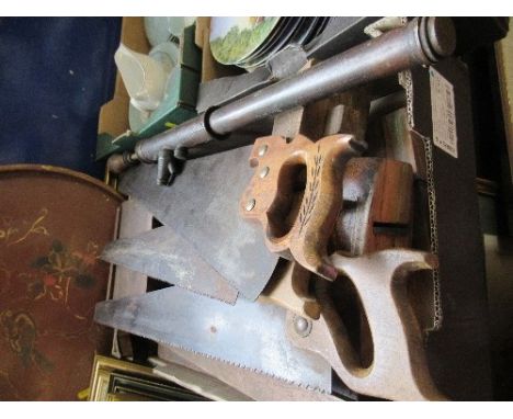 A BOX OF ASSORTED TOOLS, INCLUDING SAWS, ETC