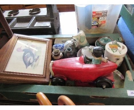 A BOX OF SUNDRIES, CHINA, PRINT AND CAR ORNAMENT