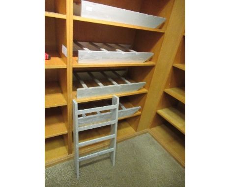 Five grey painted tie display sledges, length 29ins x width 15.5ins, together with white shelf units and white box pedestal s