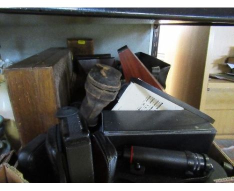 A BOX OF SUNDRIES INCLUDING MICROSCOPE, METRONOME, CAMERAS, ETC.