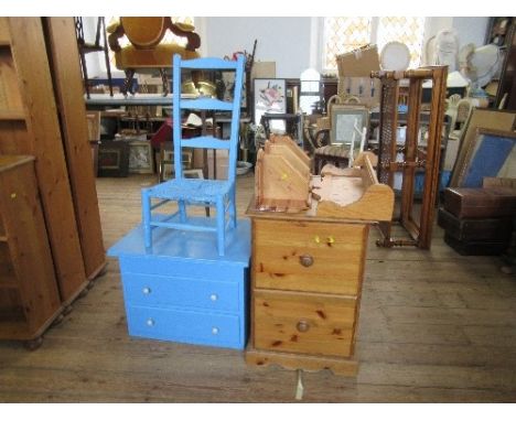 A collection&nbsp; of furniture to include blue painted rush seated chair and chest, a pine wall shelf, a pine corner shelf a