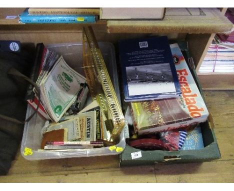 A BOX OF SUNDRIES INCLUDING GAMES, BAGATELLE, TOGETHER WITH ANOTHER BOX TO INCLUDE CAR CATALOGUES, ETC.