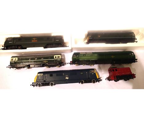 Six unboxed Diesel Locomotives; Mainline - Kelly, Lima - Sharpshooter and Class 33, Hornby - CL47 and CL26, and a Triang Dock