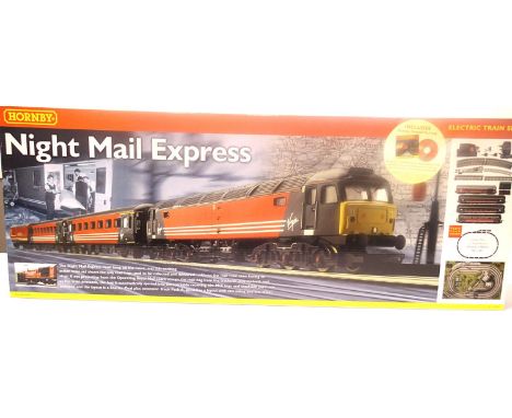 Hornby R1049, Night Rail Express train set, Class 47 Virgin, two coaches and Royal Mail TPO, track controller etc. P&amp;P Gr