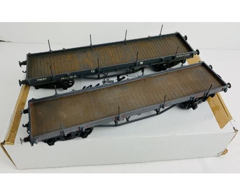 2x O Gauge Kit Built GW Bolster Wagons. P&amp;P Group 1 (£14+VAT for the first lot and £1+VAT for subsequent lots) 