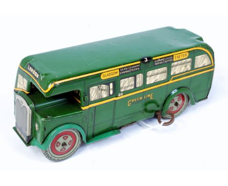Wells Brimtoy tinplate clockwork Greenline Bus - dark green with yellow trim, tinprinted window detail, the clockwork mechani