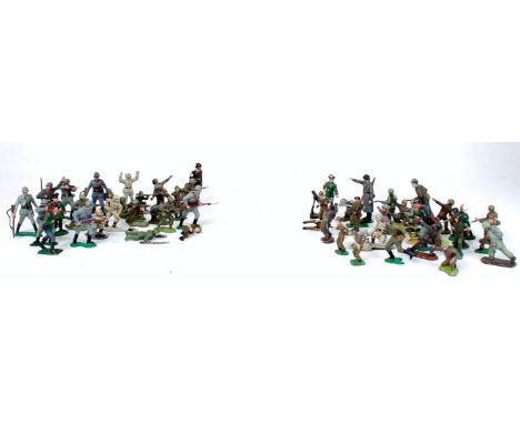 Marx, UNA England Crescent, Lone Star etc quantity plastic WWII figures 40+, sold with Marx 13x 65mm WWII German infantry fig