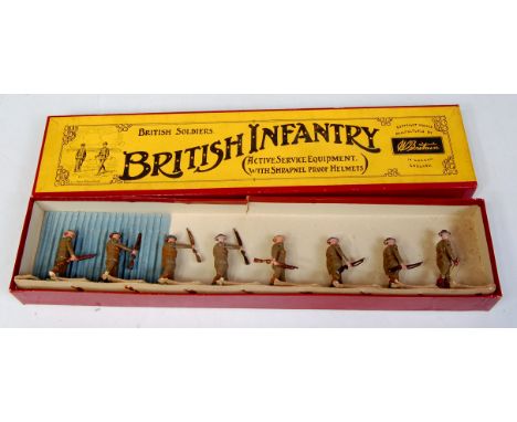 Britains Set No.195 British Infantry (Active Service Equipment with shrapnel proof helmets), 7 men marching with rifles at th