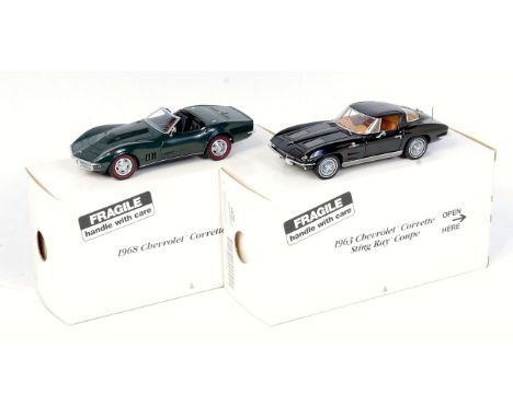 Franklin Mint 1/24th scale boxed saloon group, 2 boxed examples, to include 1963 Chevrolet Corvette Sting Ray Coupe, finished