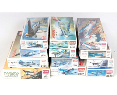 Academy Hobby Model Kits, Mixed scale plastic aircraft kit group, 12 boxed examples, all appear un-made to include Grumman F6