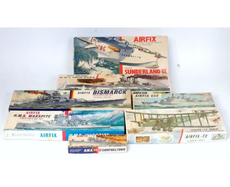 Airfix 1/600th and 1/72nd scale boxed kit group, 7 boxed un-made examples, to include Short Sunderland III, Airfix Series 4 B