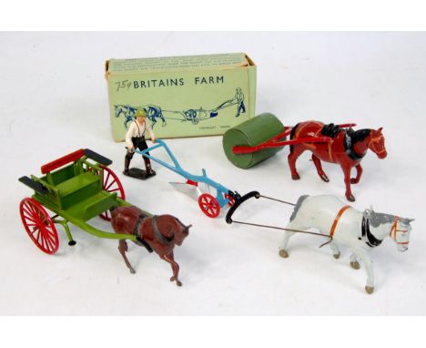 Britains No.142F Single Horse Plough with ploughman, swingletree and 2 trace wires, (NM-BG), sold with no boxed Farmers Gig a