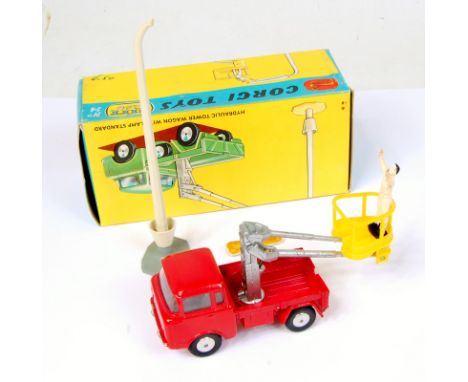 Corgi Toys, gift set 14, hydraulic tower wagon with lamp standard, red 409 Jeep, yellow cradle, lamp standard and electrician