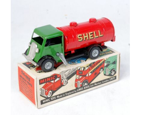 Triang Minic Petrol Tanker, green cab with black chassis, red tanker with Shell and BP transfers, in the original all card bo