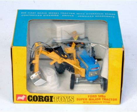 Corgi Toys, 74 Ford 5000 Super Major tractor with scoop, blue Super Major tractor with yellow and silver scoop, with driver, 