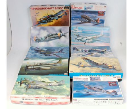 Hasegawa and Fujimi mixed scale plastic aircraft kit group, 10 boxed examples, all appear as issued, to include Hasegawa Beau