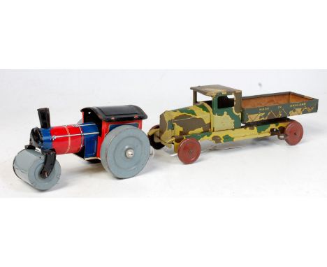 Wells/Brimtoy, England, tinplate and clockwork army lorry, 3-tone camouflage painted body with brown grille and brown tin whe