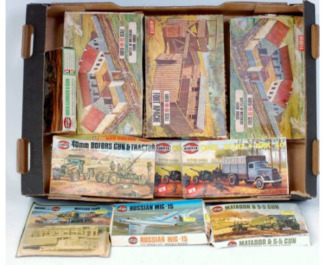 11 Airfix mixed scale Military related plastic kits, to include Opel Blitz and PAK 40, Bofors Gun, Matilda Tank, Russian Mig-