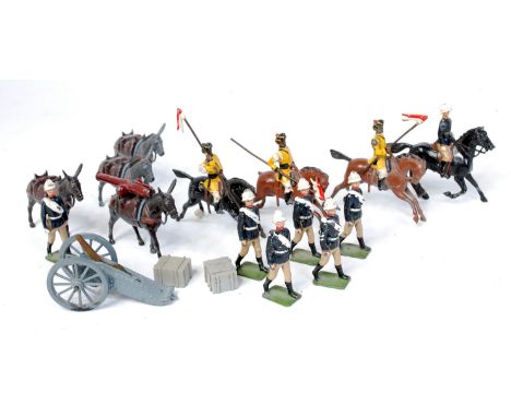 Britains lead, mountain gun of the Royal Artillery, mounted officer and 6 gunners, 4 mules, 3 gun parts, 2 ammunition boxes, 