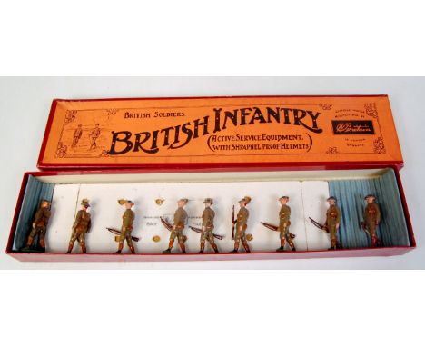 Britains set No. 195 British Infantry (Active Service Equipment with shrapnel proof helmets), 7 men marching (one missing rif