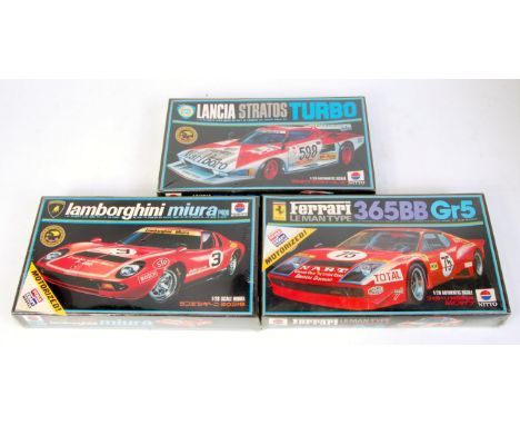 Nitto 1.28 scale plastic kits, No.2 Lamborghini Miura P400 #3, No.15 Lancia Stratos HF Turbo 'Marlboro' #598 & No.17 Ferrari 