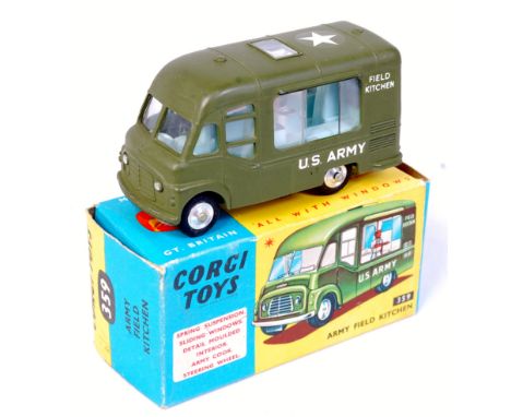 Corgi Toys, 359 Commer army field kitchen, military green body with light blue interior, US Star on roof with standing attend