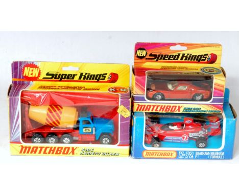 Matchbox Super Kings and Speed Kings Boxed Group, 3 examples, to include K-72 Brabham F1, K-6 GMC Cement Mixer and K-24 Lambo