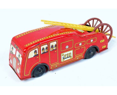 Wells Brimtoy (UK) No.146 Dennis tinplate fire engine, scarce example finished in red, yellow plastic escape ladder and brown