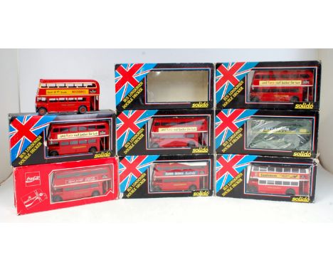 Solido London Transport Double Decker Bus Group, 8 boxed examples, to include variious liveries, examples include Sandemans, 