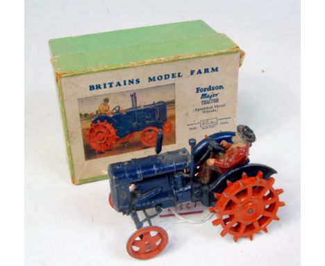 Britains No.127F Fordson Major Tractor with spudded metal wheels, with thin steel steering column, with aged villager driver 