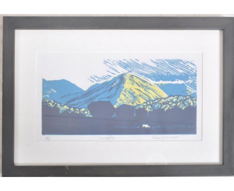 Chirs Grimmett - An original 20th century limited edition lino cut print titled 'Cumbria' in blue &amp; yellow colourways. Nu
