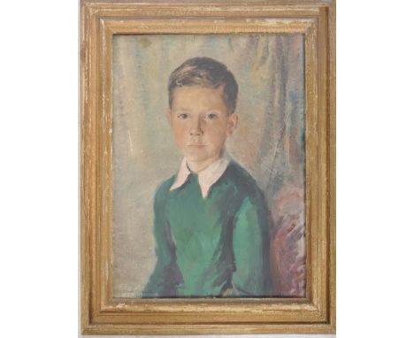 Mildred Entwhistle (British school, 1903-1995) - oil on board portrait of a schoolboy in&nbsp; a green jumper and shirt. Labe